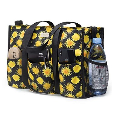 TOPDesign Utility Water Resistant Tote Bag with 13 Exterior Interior Pockets Top Zipper Closure Thick Bottom Support for Working Women Teachers Nurses Accountants Chrysanthemum