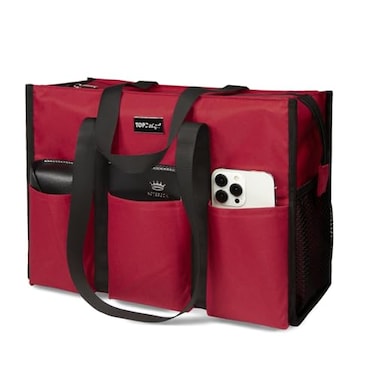 TOPDesign Utility Water Resistant Tote Bag with 13 Exterior Interior Pockets Top Zipper Closure Thick Bottom Support for Working Women Teachers Nurses Accountants Red