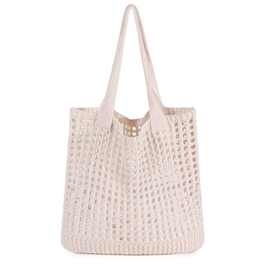 Sightor Crochet Tote Bag Mesh Beach Bag Knit Summer Hobo Bag Vacation Boho Tote Bag for Women Cream White