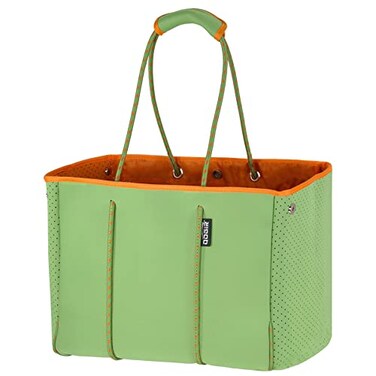 QOGiR Neoprene Multipurpose Beach Bag Tote with Inner Zipper Pocket Green and OrangeLarge