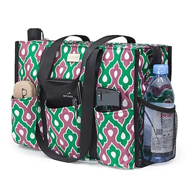 TOPDesign Utility Water Resistant Tote Bag with 13 Exterior Interior Pockets Top Zipper Closure Thick Bottom Support for Working Women Teachers Nurses Accountants Geometry