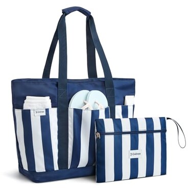 G4Free Beach BagWaterproof Beach Tote Pool Bags for WomenLarge Capacity Foldable for Weekender Travel Blue white stripe