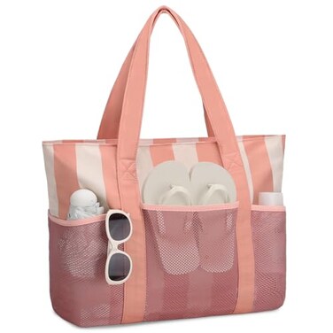 VASCHY Beach Bag for Women Foldable Waterproof Sandproof Beach Tote with ZipperMesh Pockets for VocationCruiseGymTravel Stripped Pink Beige
