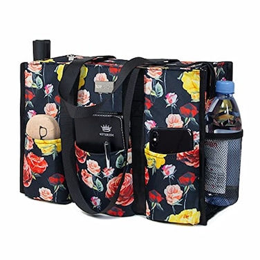 TOPDesign Utility Water Resistant Tote Bag with 13 Exterior Interior Pockets Top Zipper Closure Thick Bottom Support for Working Women Teachers Nurses Accountants Rose