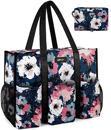 IBFUN Utility Tote Bag with 14 Exterior Interior Pockets Zip Top Teacher Tote Bag for TeacherWork WomenMedium