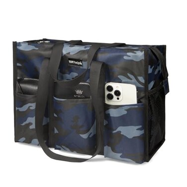 TOPDesign Utility Water Resistant Tote Bag with 13 Exterior Interior Pockets Top Zipper Closure Thick Bottom Support for Working Women Teachers Nurses Accountants Blue Camouflage