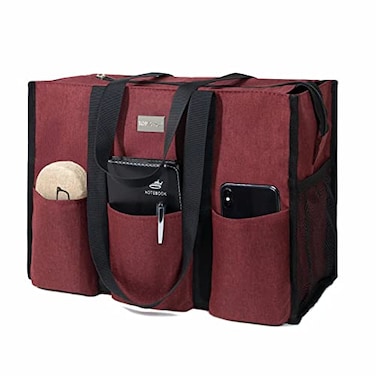 TOPDesign Utility Water Resistant Tote Bag with 13 Exterior Interior Pockets Top Zipper Closure Thick Bottom Support for Working Women Teachers Nurses Accountants Dark Red