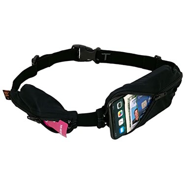 SPIbelt Double Pocket Running Belt Women Men Expandable Dual Pockets Adjustable Waist No Bounce Black with Black Zipper