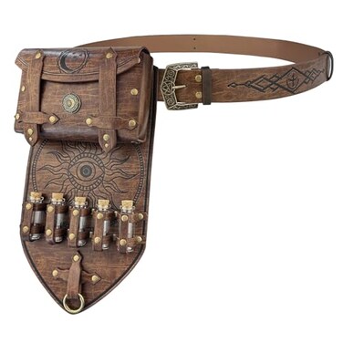 HiiFeuer 3PCs Medieval Alchemy Faux Leather Belt Bag Set with 5 Cork Potion Vials Fantasy Embossed Wizard Belt Brown A