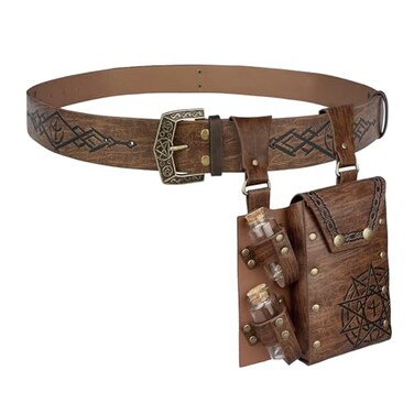 EpicCos 2PCs Magic Alchemy Belt Bag Set Fantasy Embossed Belt with Belt Pouch and 2 Cork Potion Bottles Wizard for Ren Faire Brown A