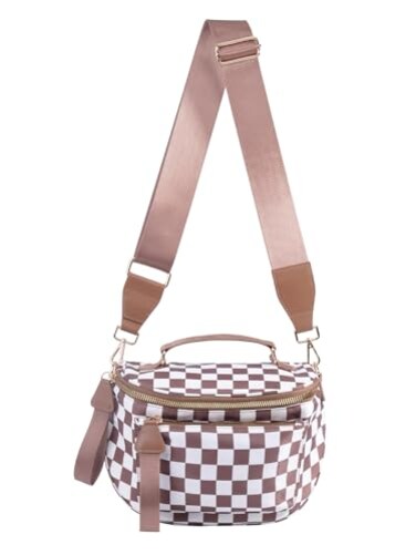 MEISEY Checkered Crossbody Bag Bum Bag For WomenSpacious Checkered Purse Fanny PacksUpgraded Version With Carry Handle Handle Checkered Coffee