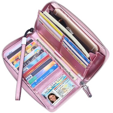 Lavemi Womens RFID Blocking 100 Leather Large Capacity Zip Around Wallet Phone Holder Clutch Travel Purse WristletLarge Size Pebbled Rose Gold
