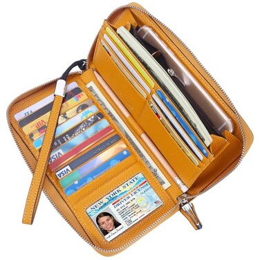 Lavemi Womens RFID Blocking 100 Leather Large Capacity Zip Around Wallet Phone Holder Clutch Travel Purse WristletLarge Size Pebbled Yellow