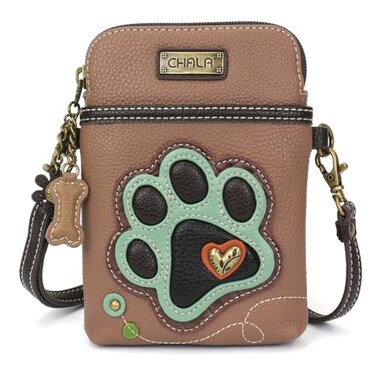 CHALA Dog Collection Cell Phone Crossbody PurseWomen PU LeatherCanvas Multicolor Handbag with Adjustable Strap Paw Print teal brown
