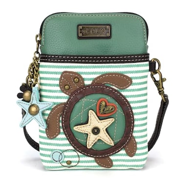 Chala Purse CHALA Ocean Collection Cell Phone Crossbody PurseWomen PU LeatherCanvas Multicolor Handbag with Adjustable Strap Turtle teal stripe