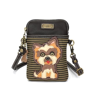 CHALA Dog Collection Cell Phone Crossbody PurseWomen PU LeatherCanvas Multicolor Handbag with Adjustable Strap Yorkshire brown stripe