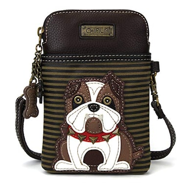 CHALA Dog Collection Cell Phone Crossbody PurseWomen PU LeatherCanvas Multicolor Handbag with Adjustable Strap Bulldog olive stripe
