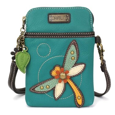 CHALA Garden Animal Collection Cell Phone Crossbody PurseWomen PU LeatherCanvas Multicolor Handbag with Adjustable Strap Dragonfly turquoise
