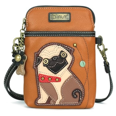 CHALA Dog Collection Cell Phone Crossbody PurseWomen PU LeatherCanvas Multicolor Handbag with Adjustable Strap Pug orange