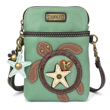 CHALA Ocean Collection Cell Phone Crossbody PurseWomen PU LeatherCanvas Multicolor Handbag with Adjustable Strap Turtle teal