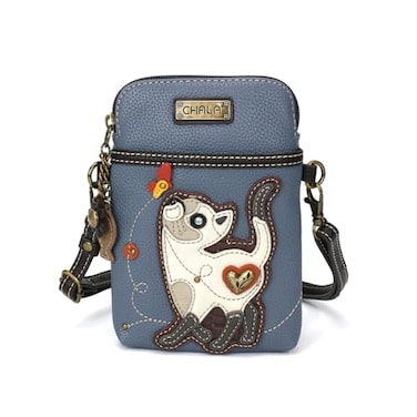 CHALA Cat Collection Cell Phone Crossbody PurseWomen PU LeatherCanvas Multicolor Handbag with Adjustable Strap Slim Cat blue