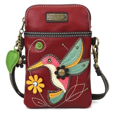 CHALA Bird Collection Cell Phone Crossbody PurseWomen PU LeatherCanvas Multicolor Handbag with Adjustable Strap Hummingbird burgundy