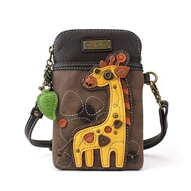 CHALA Wilderness Animal Collection Cell Phone Crossbody PurseWomen PU LeatherCanvas Multicolor Handbag wAdjustable Strap Giraffe brown