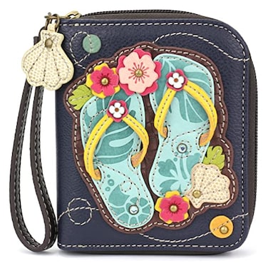 CHALA Zip Around Wallet Wristlet 8 Credit Card Slots Sturdy Pu Leather Flip Flop Navy