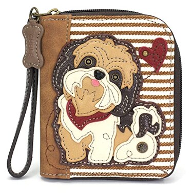 CHALA Zip Around Wallet Wristlet 8 Credit Card Slots Sturdy Pu Leather Brown Shih Tzu Brown Stripe