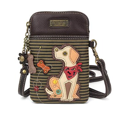 CHALA Dog Collection Cell Phone Crossbody PurseWomen PU LeatherCanvas Multicolor Handbag with Adjustable Strap Yellow Lab olive stripe