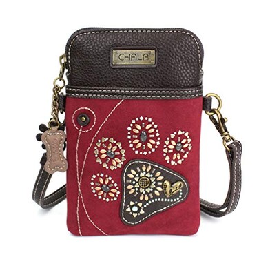 CHALA Dazzled Cell Phone Crossbody PurseWomen PU Leather Multicolor Handbag with Adjustable Strap Paw Print burgundy