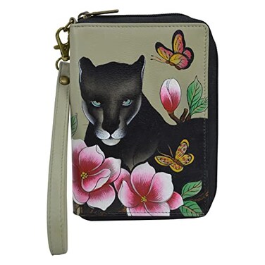 Anna by Anuschka Womens HandPainted Genuine Leather Passport Organizer Wristlet Garden Panther