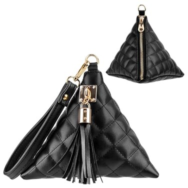 Aatacas Leather Quilted Triangle Wristlet Clutch Purse Handbag Pyramid Evening Cocktail Wallet Tassel Charm