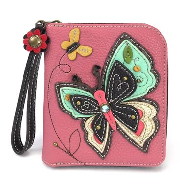 CHALA Zip Around Wallet Wristlet 8 Credit Card Slots Sturdy Pu Leather New Butterfly Pink