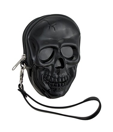 Zeckos Glossy Black Vinyl Molded Skull Shaped Wristlet Purse wRemovable Strap 6 Inches High
