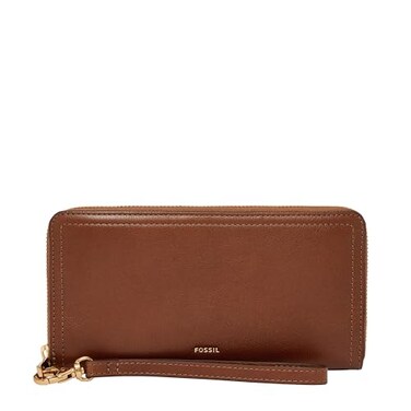 Fossil Womens Logan Leather Wallet RFID Blocking Wallet for Women ZipAround Clutch with Wristlet Strap Brown