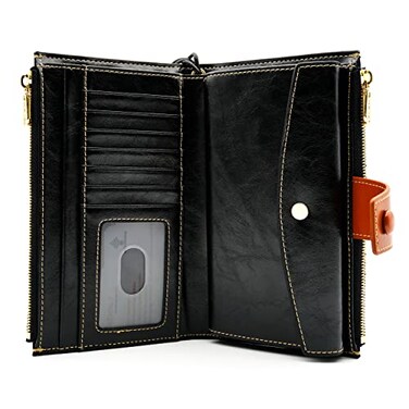 ANDOILT Wallet Women RFID Blocking Genuine Leather Bifold Multi Card Organizer Wristlet Purse Cell Phone Handbag with Zipper Pocket Black