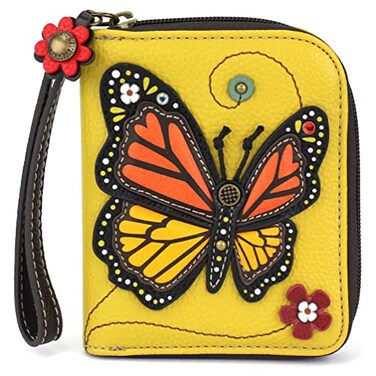 CHALA Zip Around Wallet Wristlet 8 Credit Card Slots Sturdy Pu Leather Monarch Butterfly Mustard