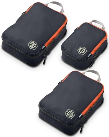 TRIPPED Travel Gear Compression Packing Cubes for Travel 3Piece Lightweight Packing Cubes Set for CarryOn Luggage Backpacks Grey and Orange