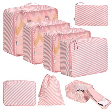 BAGAIL 8 Set Packing Cubes Luggage Packing Organizers for Travel AccessoriesWhite and Pink Stripe
