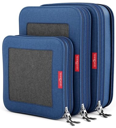 LeanTravel Premium Compression Packing Cubes for Travel Suitcase Organizer Bags with Double Zipper Breathable Mesh Panel Space Saving Carry On Luggage Essentials 3Pack Navy Blue
