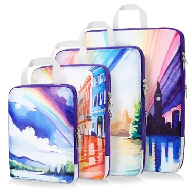 Gonex Compression Packing Cubes 4pcs Expandable Storage Travel Luggage Bags Organizers Travel Cubes for Suitcase Carry On Rainbow