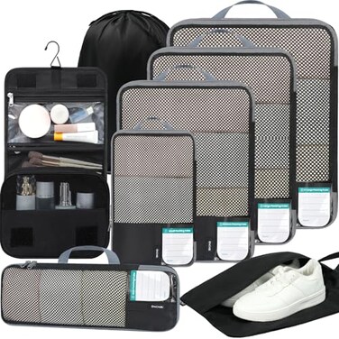 BAGAIL 4 Set6 Set8 Set Compression Packing Cubes Travel Accessories Expandable Packing Organizers Half Mesh 8Jet Black
