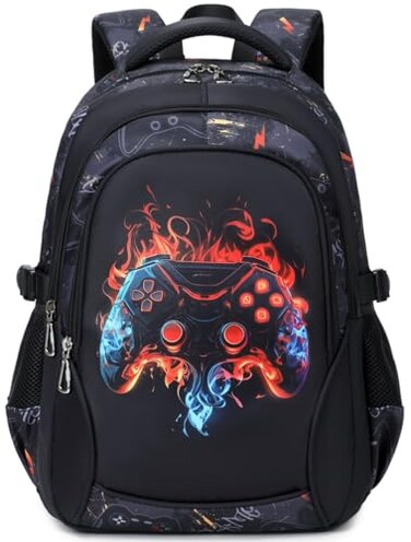 BABUN Boys Backpack for Elementary Kids Bookbag Middle School Bags Heavy Duty Soccer Laptop Durable Waterproof 18 In 4Flame Game