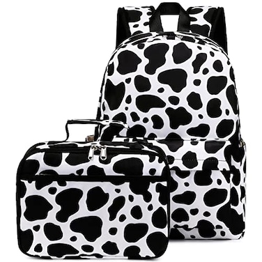 AUIVTY Cow Print Backpack for Girls Preschool Kindergarten Bookbag with Lunch Box Black White Cow Print