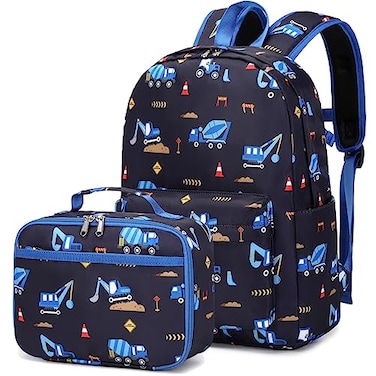 AUIVTY Excavator Backpak for Boys Preschool Backpack with Lunch Box Set Toddler Boy Bookbag Small Chest Strap Children Preschool Kindergarten Backpack Blue Excavator