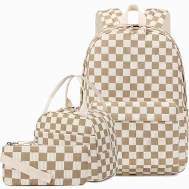 AUIVTY School Backpack for Girls Teens Corduroy Checkered Bookbag with Lunch Box Set Kids Backpack Elementary Middle School Bag CheckeredBrown