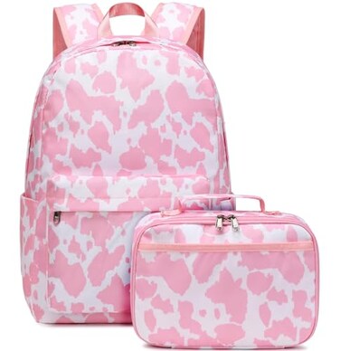 JIANYA Girls Backpack for School Kids Elementary School Backpacks Water Resistant Pink Cow Print Backpack for Girls with Lunch Box