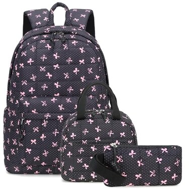 LEDAOU Kids Backpack for Girls Backpacks with Lunch Box Lightweight Bookbag Set Elementary Middle School Back pack for 814 Black Bow