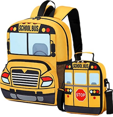 Bluboon Toddler Backpack Boy Preschool School Bus Bookbag Kindergarten 3D Daycare Bags with Insulation Lunch Box Yellow red